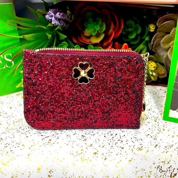Kate spade wristlet Odette wallet coin purse glitter maroon Gold keychain - Picture 2 of 9